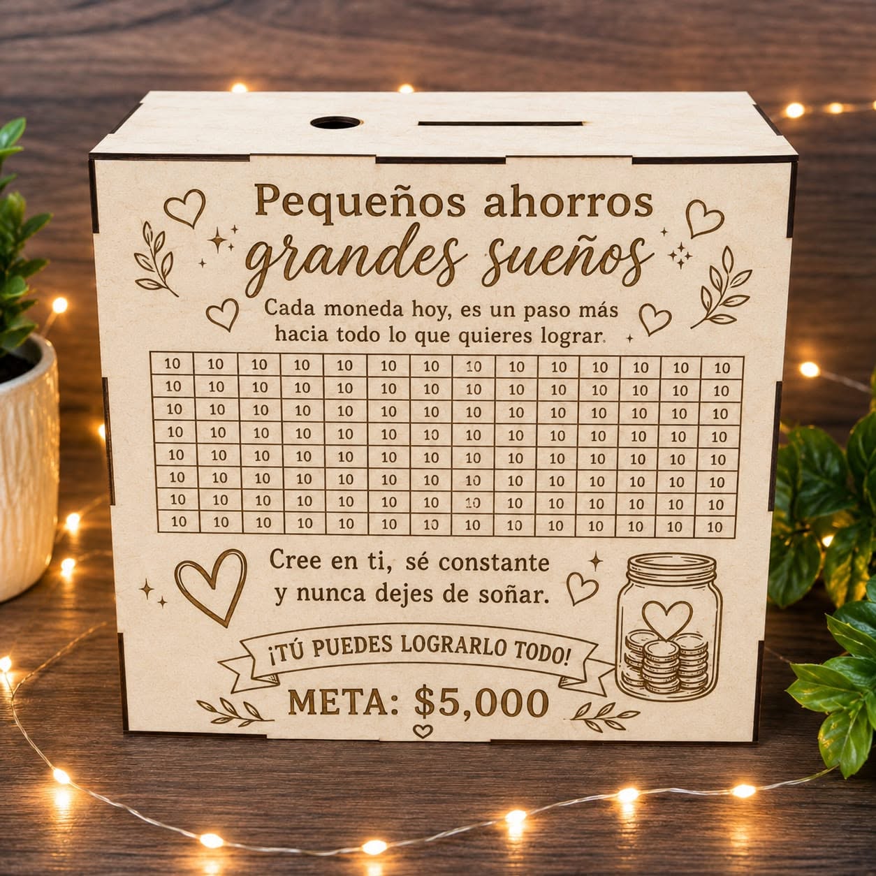Alcancía de madera personalizada con meta de ahorro
